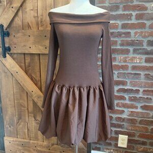 Chocolate Brown Off Shoulder Bubble Hem Mini Dress Size Large Y2K Coquette NWT
